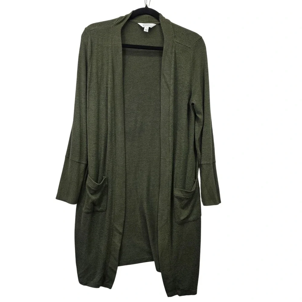 Market & Spruce Olive Green Open Front Longline Cardigan Sweater Pockets Small